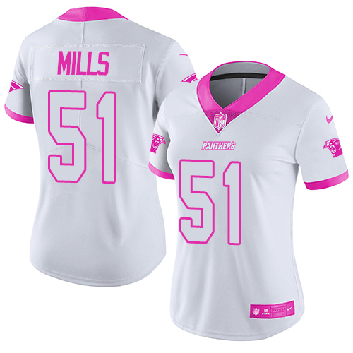 Nike Panthers #51 Sam Mills White/Pink Women's Stitched NFL Limited Rush Fashion Jersey
